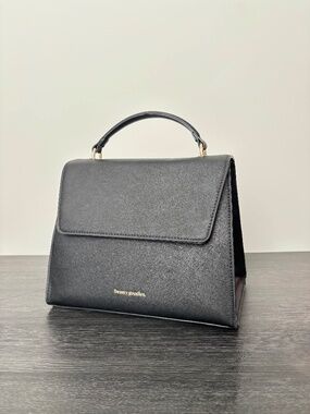 Beauty Goodies Black Structured Satchel Handbag Top Handle Gold Tone Hardware